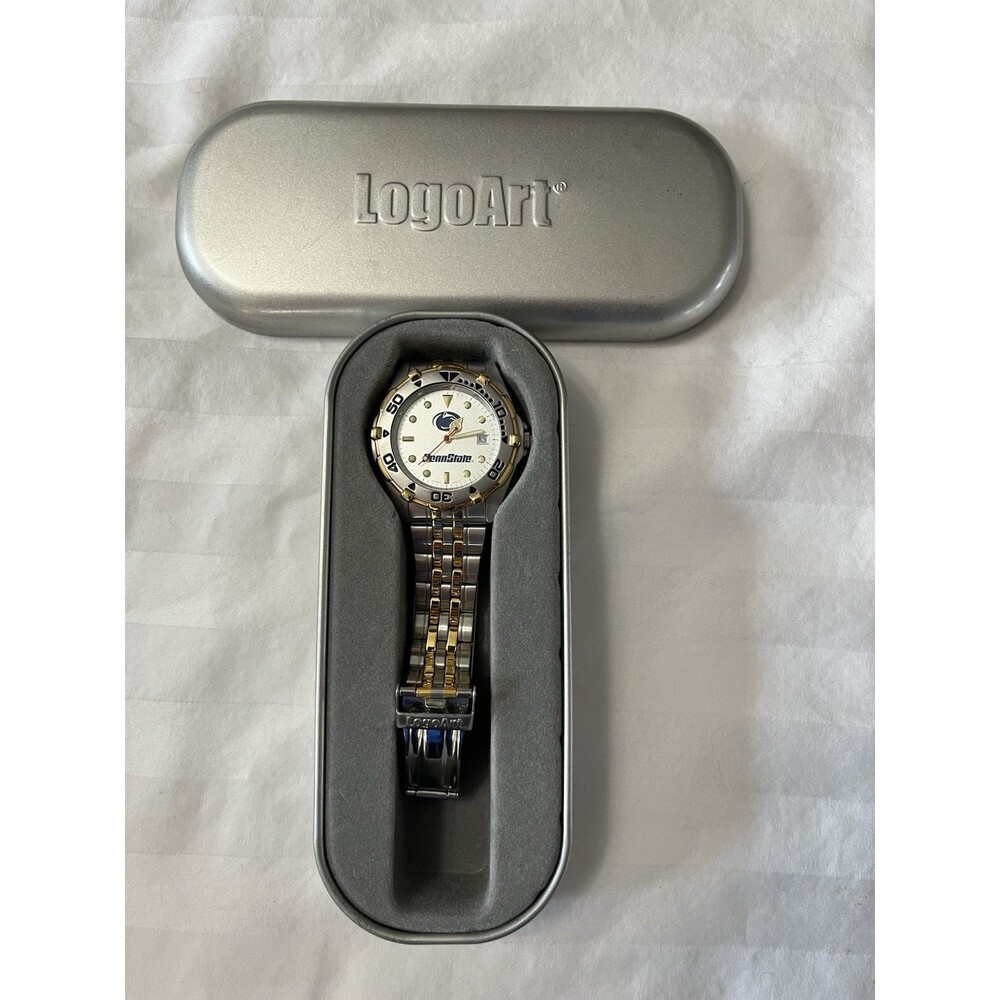 PSU Penn State LogoArt Watch Two-Tone Gold/Silver Rotating Bezel Date With Box